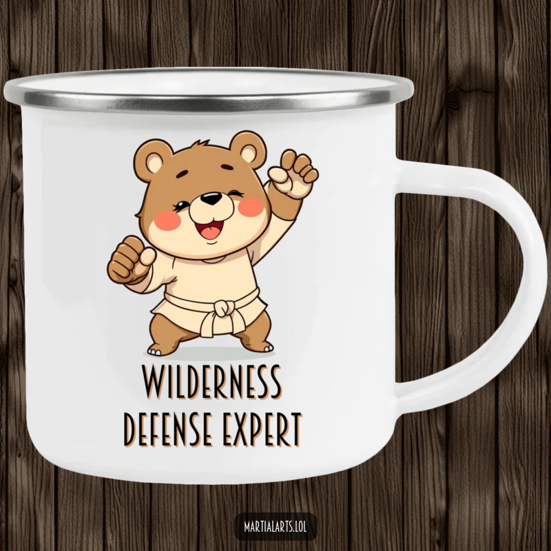 Funny Bear Martial Arts Camping Mug: A bear in a powerful martial arts stance, built tough for adventures and delivering humorous sips.