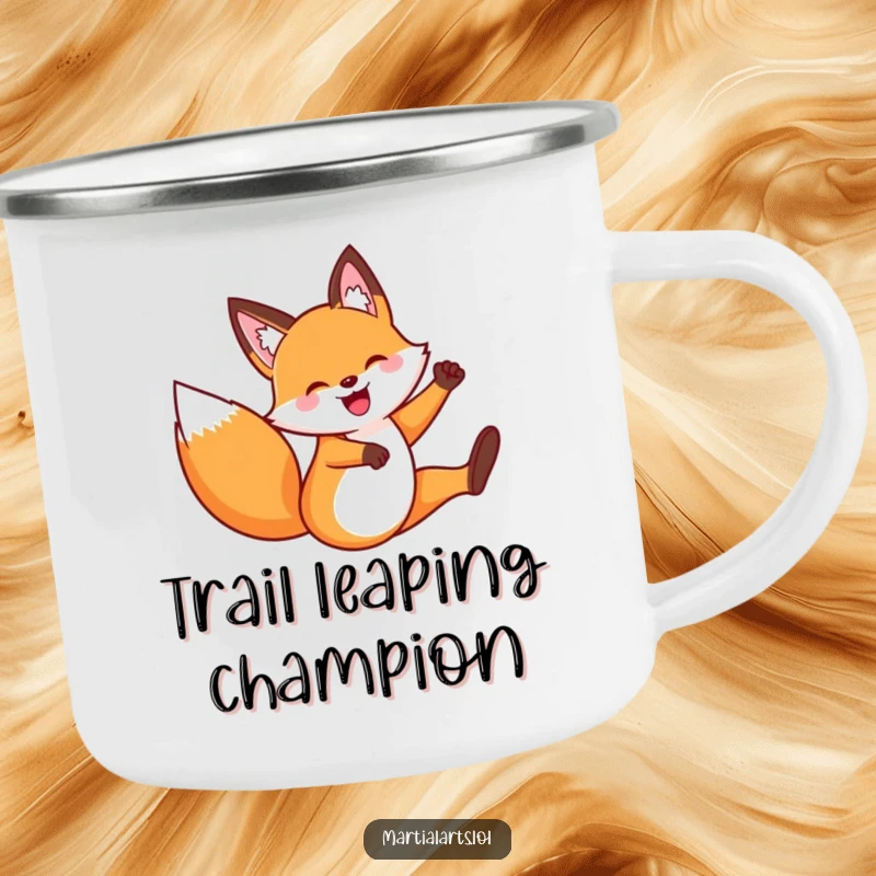 Funny Fox Flying Kick Camping Mug: A playful fox mid-kick, designed for durable outdoor use and bringing a humorous, spirited vibe to your camp.