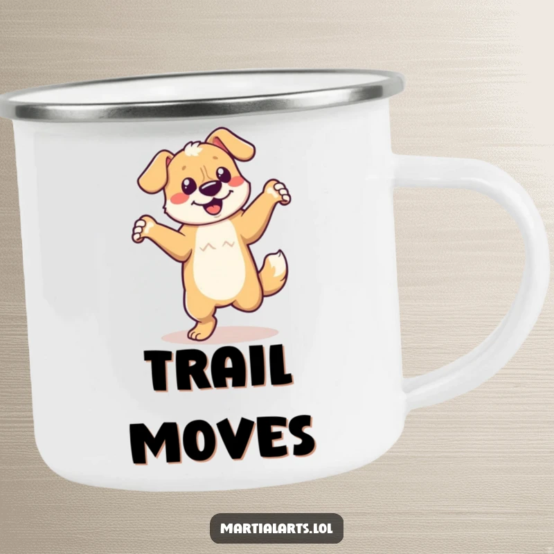Funny dancing dog camping mug showing a dog in an energetic spin, perfect for outdoor brews.