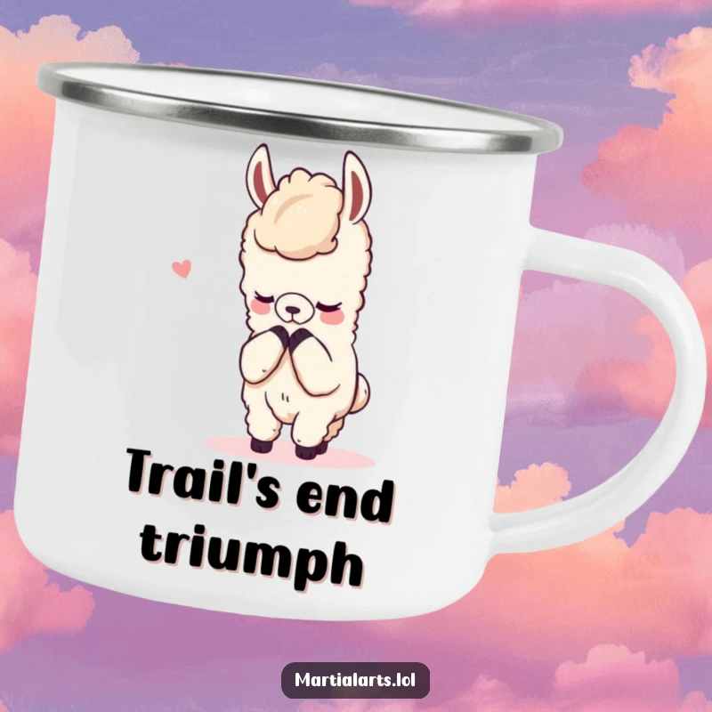 Funny camping mug featuring a content llama bowing respectfully after a mock fight, ready for any outdoor peace.