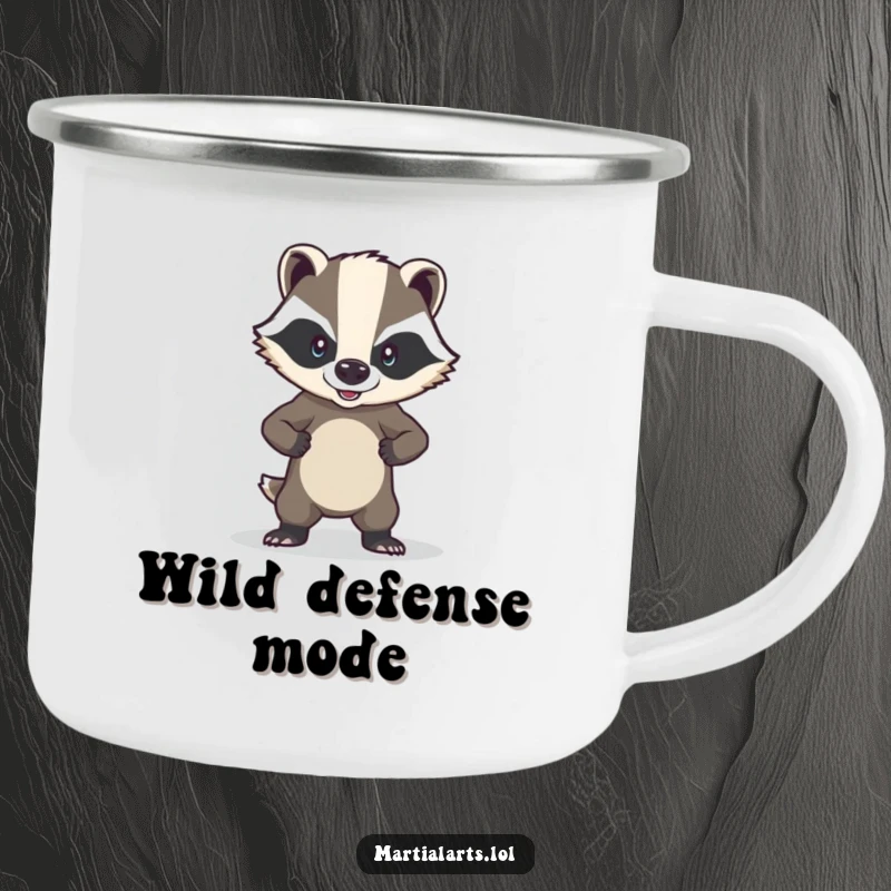 Funny brave badger camping mug showing a badger in a strong defensive pose, ready for the wild.