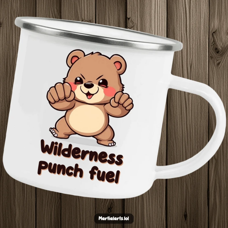 Funny Camping Mug: A brave bear demonstrating a powerful punch, bringing humorous strength and boldness to outdoor activities.