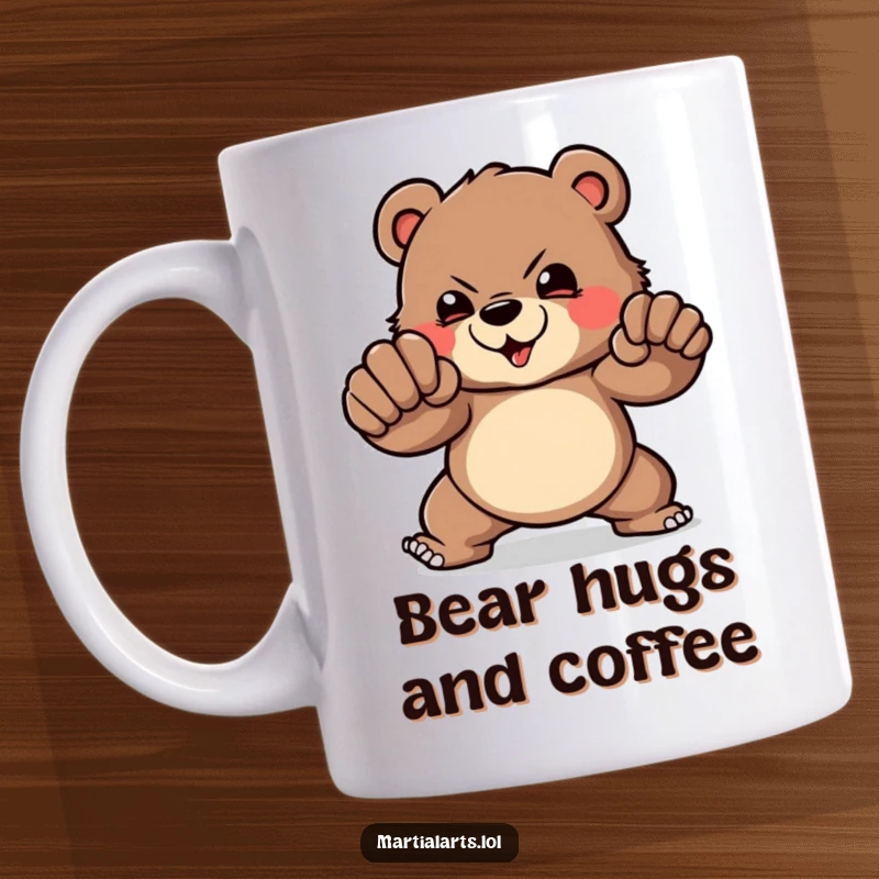 Funny Mug: A brave bear demonstrating a powerful punch, showcasing strength and humorous ferocity with a determined expression.