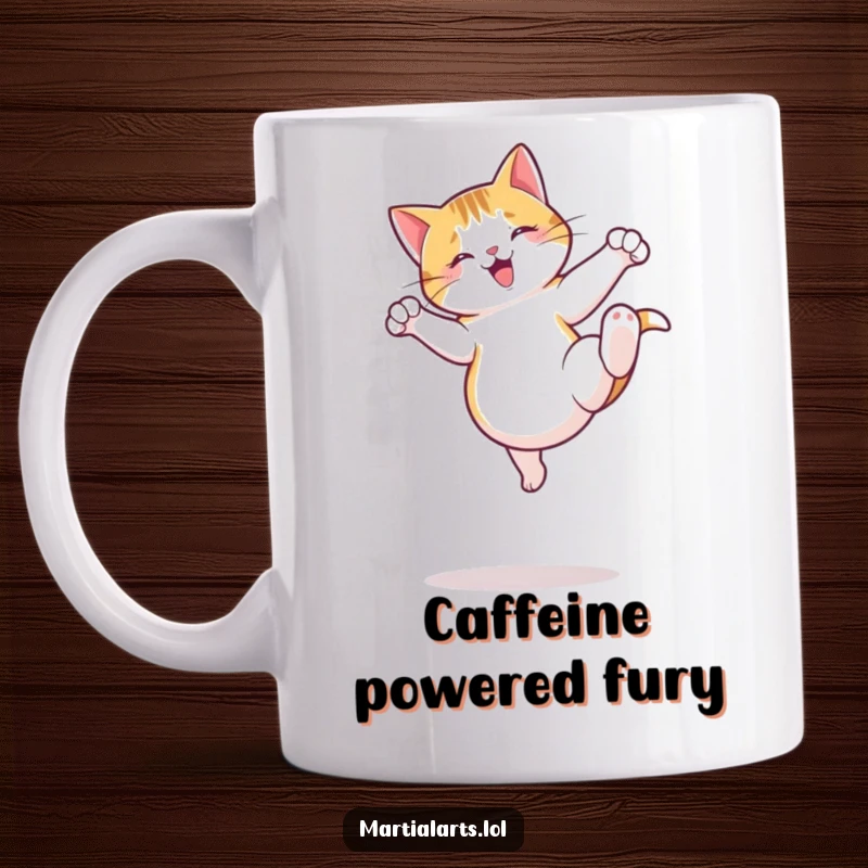 Funny Cat Mug showing a jumping cat mid-air executing a playful roundhouse kick with feline grace and humor.