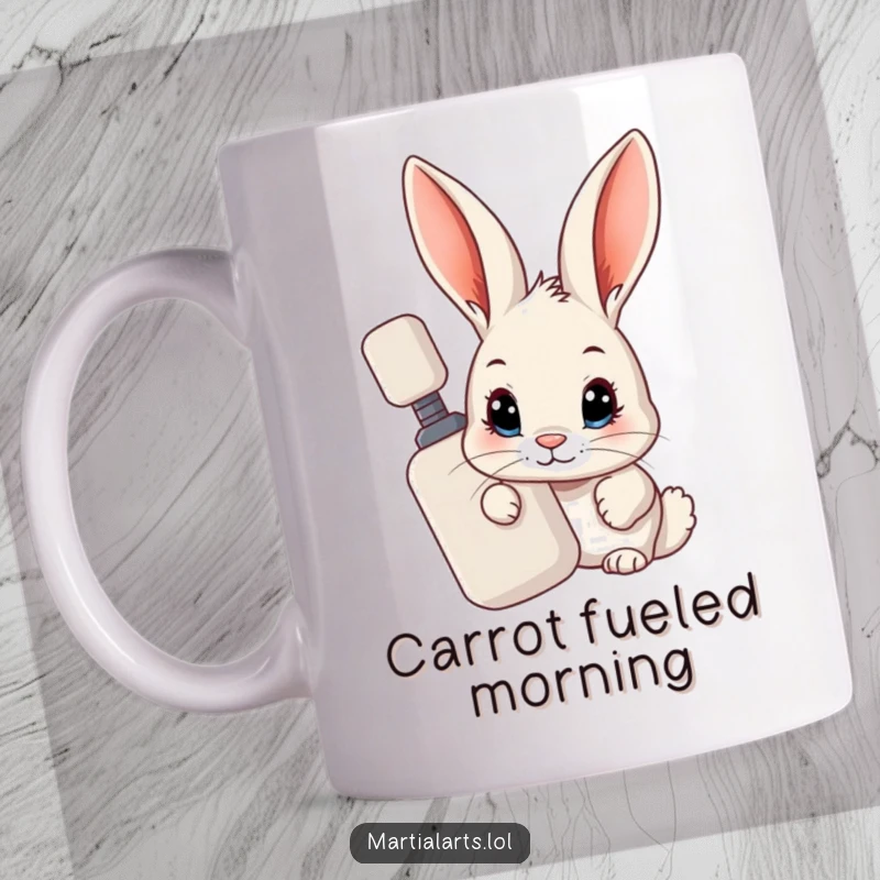 Funny Rabbit Spy Mug: A curious rabbit peeking playfully from behind a training dummy, radiating mischievous humor.