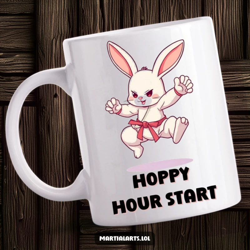 Funny bouncing bunny in a dynamic martial arts stance, ready to fight, perfect funny gift mug.
