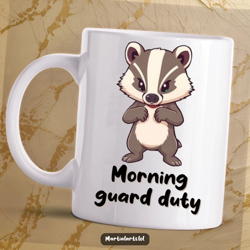 Funny mug featuring a brave badger in a strong defensive posture, symbolizing courage and resilience humorously.