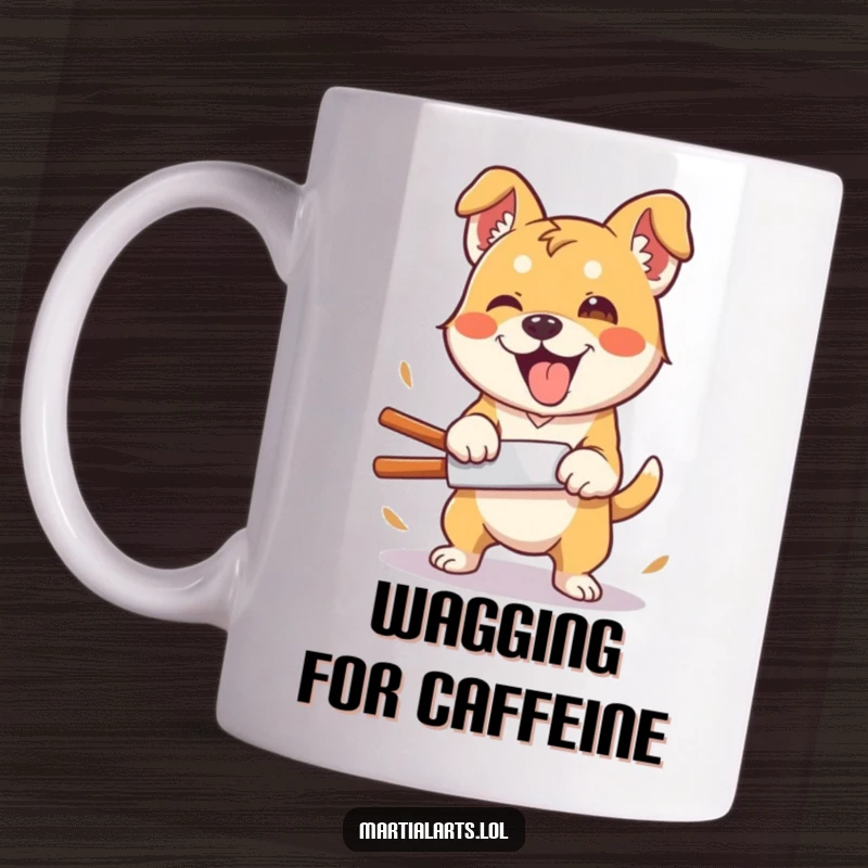 Funny Dog Karate Mug: A silly dog attempting a clumsy but enthusiastic karate chop, radiating pure joy and humor.