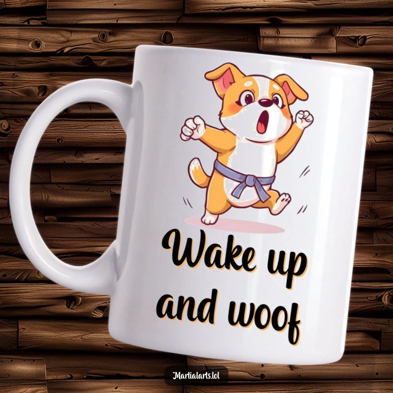 Funny Dog Kick Mug: A surprised dog mid-air, attempting a wobbly, clumsy martial arts kick with great effort.