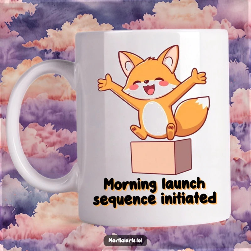 Funny fox leaping joyfully with arms outstretched in a block pose, celebrating freedom and fun on this ceramic mug gift.