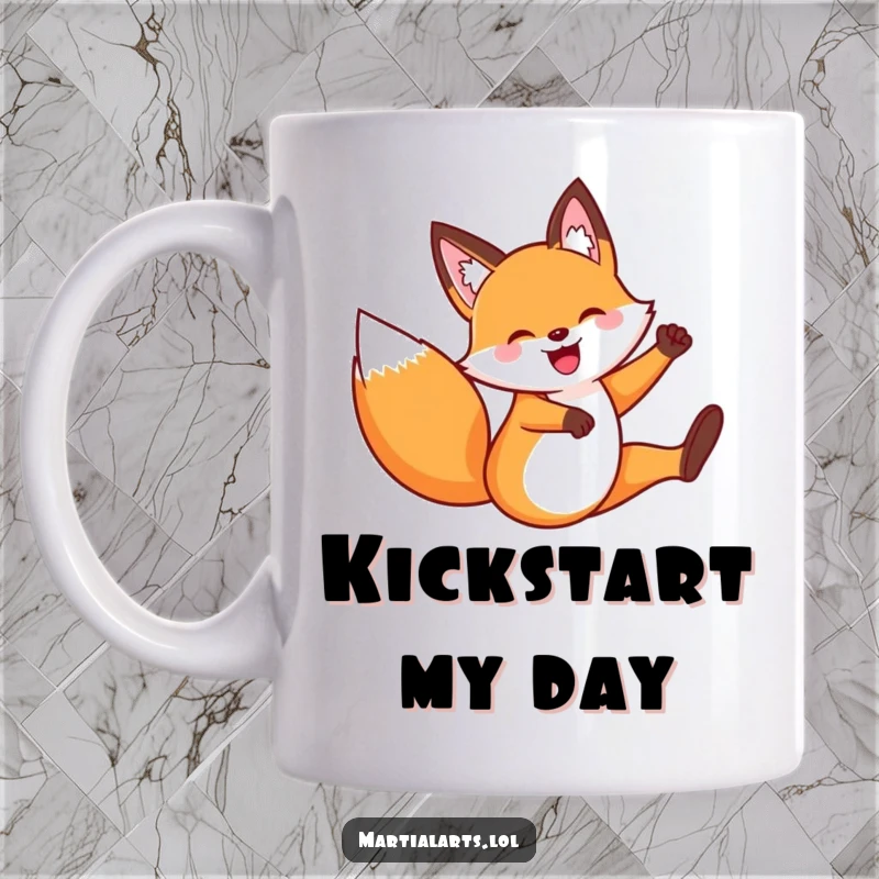 Funny Fox Flying Kick Mug: A happy fox captured mid-air with a playful flying kick, offering a humorous and spirited design.