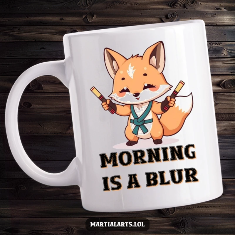 Funny Fox Nunchuck Mug: A curious fox with a playful glint, skillfully juggling small nunchucks.