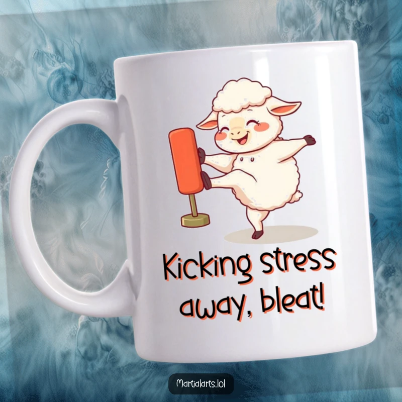 Funny mug featuring a giggling sheep enthusiastically kicking a training dummy, showcasing its playful and energetic workout spirit.