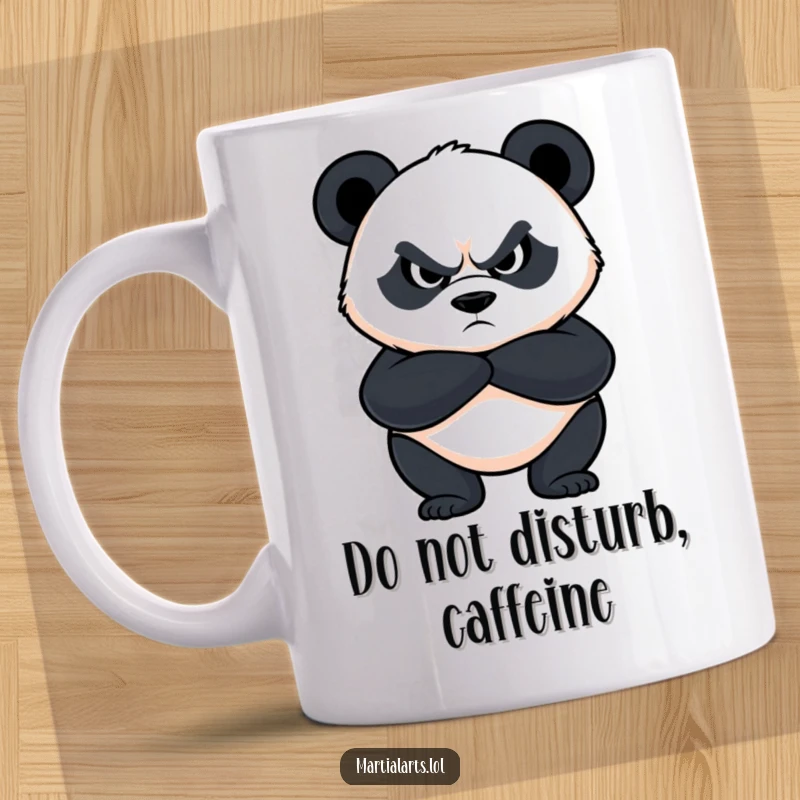 Funny panda mug depicting a determined panda with crossed arms and a fierce expression, acting as a humorous guard.