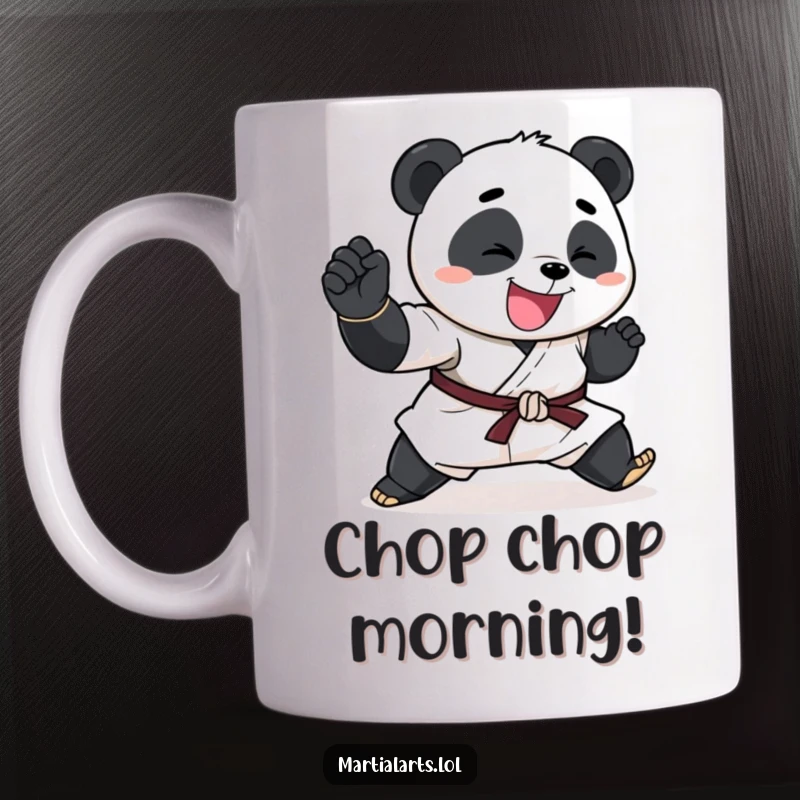 Funny Panda Mug with a happy panda performing an exaggerated karate chop, ready for a laugh.