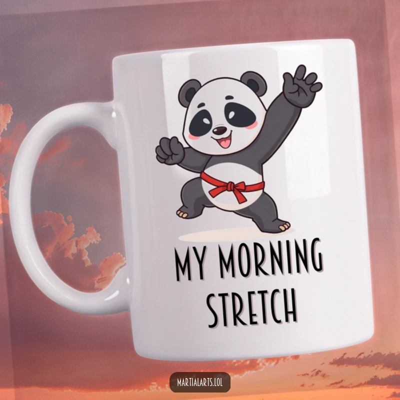 Funny mug featuring a happy panda performing a dynamic high kick in a martial arts stance, ready for action and laughter.