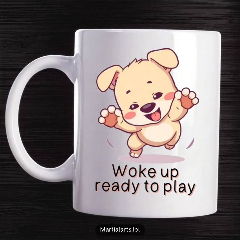 Funny mug showing a playful puppy tumbling enthusiastically in a mock fight, full of puppy energy and fun.