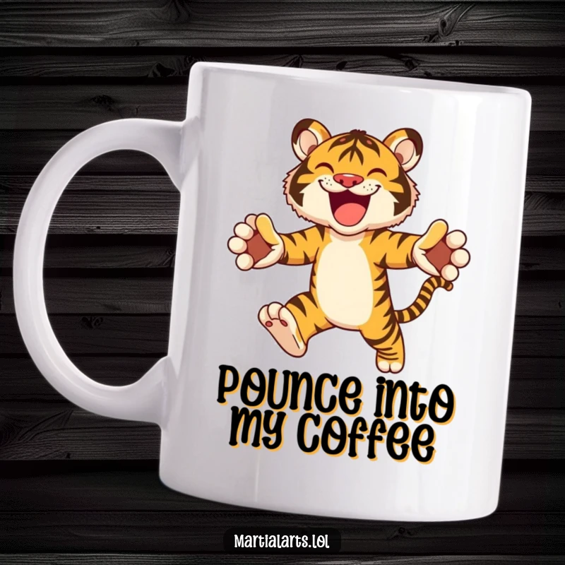 Funny mug showcasing a joyful tiger leaping forward with open paws, full of energy and wild spirit.