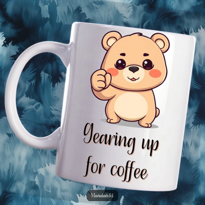 Funny happy bear forming a powerful fist with a determined gaze, depicted on this ceramic mug.
