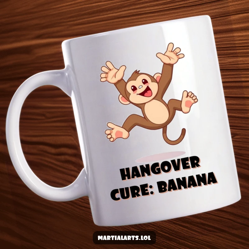 Funny monkey flip mug, a mischievous monkey mid-acrobatic flip, showcasing playful energy and cheeky expression, perfect for coffee lovers.