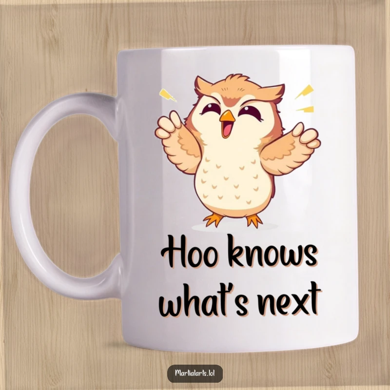 Funny mug showcasing a giggling owl joyfully punching the air with excitement and enthusiasm, a truly comical scene.