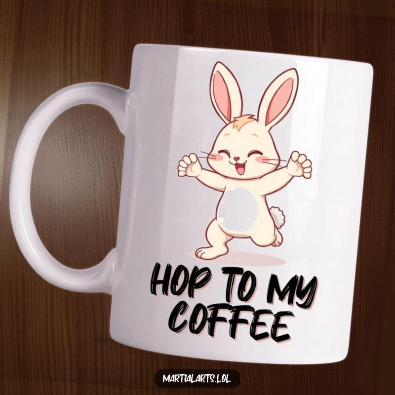 Funny bunny mug depicting a happy bunny using its forelimbs to swiftly and effectively block an unseen kick.