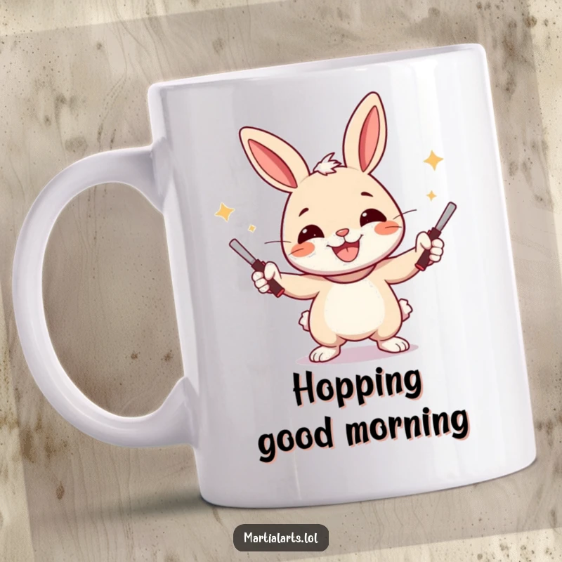 Funny Rabbit Mug with a cheerful rabbit juggling nunchucks with a wide smile, ready for a laugh.