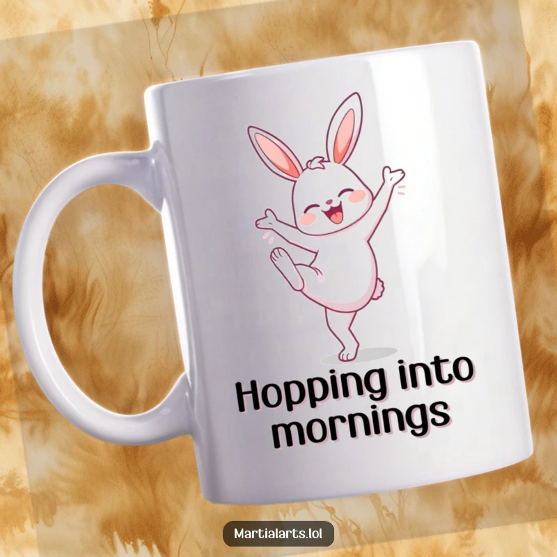 Funny Bunny High Knee Mug: A cheerful bunny performing a high knee lift, showing off its energetic and humorous fitness routine.