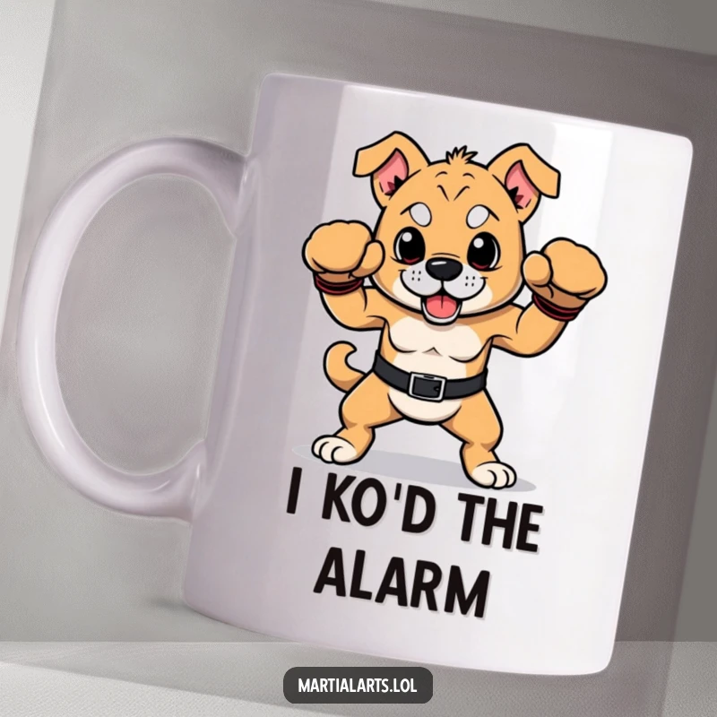 Funny dog mug featuring a proud dog in a victorious boxing pose, ready to conquer the day with a smile.