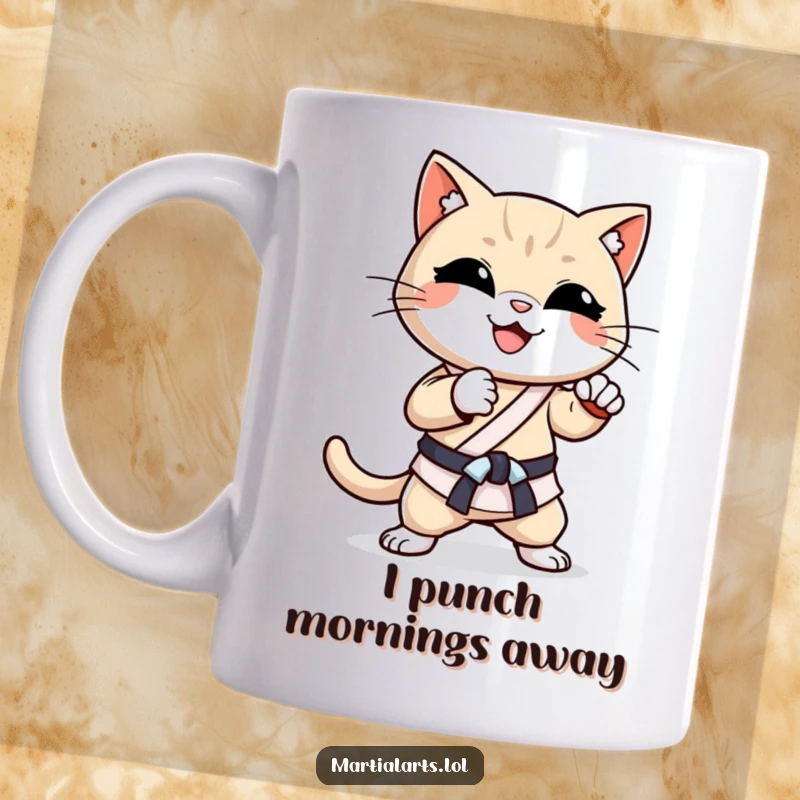Funny Cat Karate Chop Mug: Happy cat with a smile performing a dynamic karate chop, ready for action.
