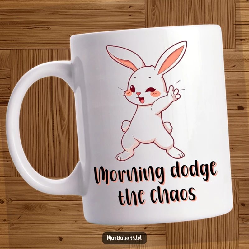 Funny Mug: A cute bunny in a swift blocking motion, looking alert and ready to defend with adorable, humorous intent.