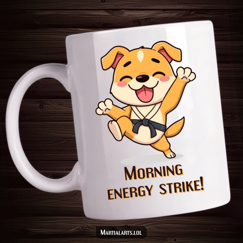 Funny Dog Mug showing a happy dog enthusiastically performing a karate kick with its legs in the air, full of playful energy.