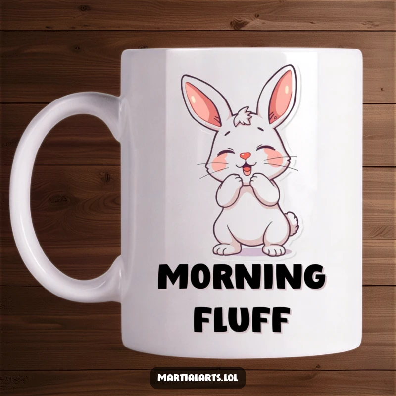 Funny playful bunny mug showing a bunny bowing playfully before a mock strike, full of mischief.