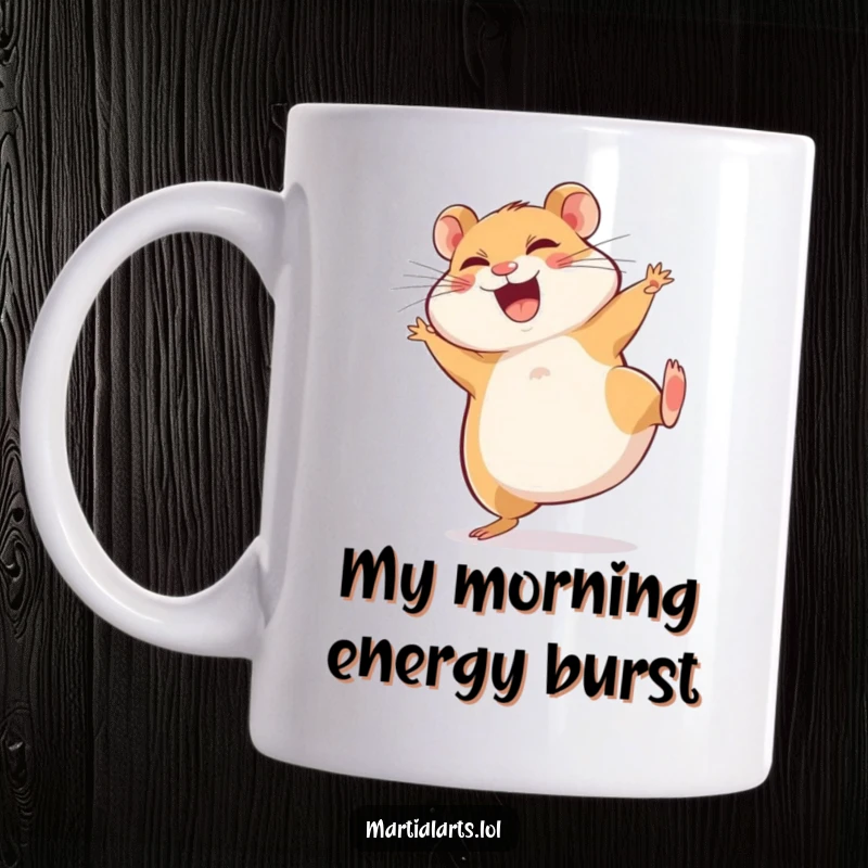 Funny Mug: Giggling hamster mid-air, landing a clumsy spinning side kick with pure joy and humor.