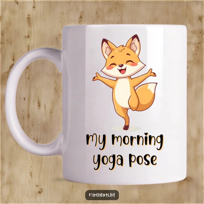 Funny fox mug showing a smiling fox in a precarious one-legged yoga pose with arms outstretched, radiating cheerful energy.