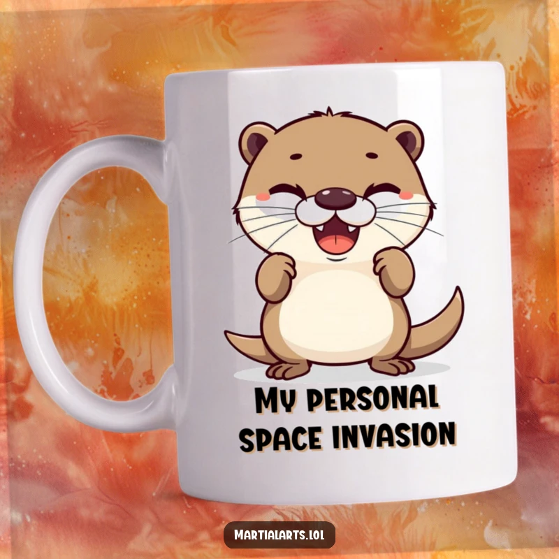 Funny mug with a delighted otter in a quirky defensive stance, showing off its unexpected bravery and funny personality.