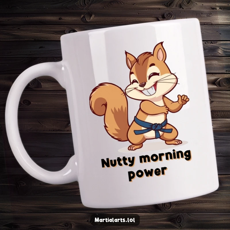 Funny grinning squirrel using its bushy tail as a martial arts weapon, depicted on this mug.