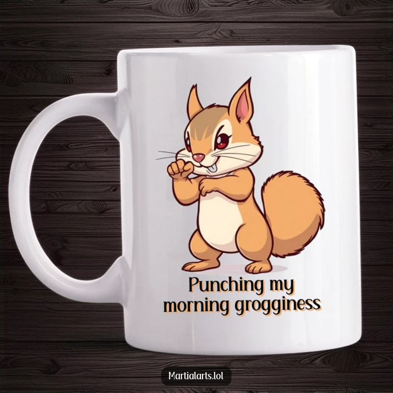Funny Squirrel Punch Mug showing a small, determined squirrel practicing a powerful, tiny punch with intense focus.
