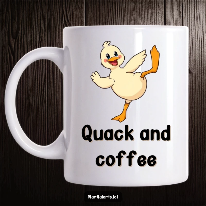 Funny Duck Flying Kick Mug: A cheerful duck performing a dramatic flying kick, radiating hilarious energy and fun.