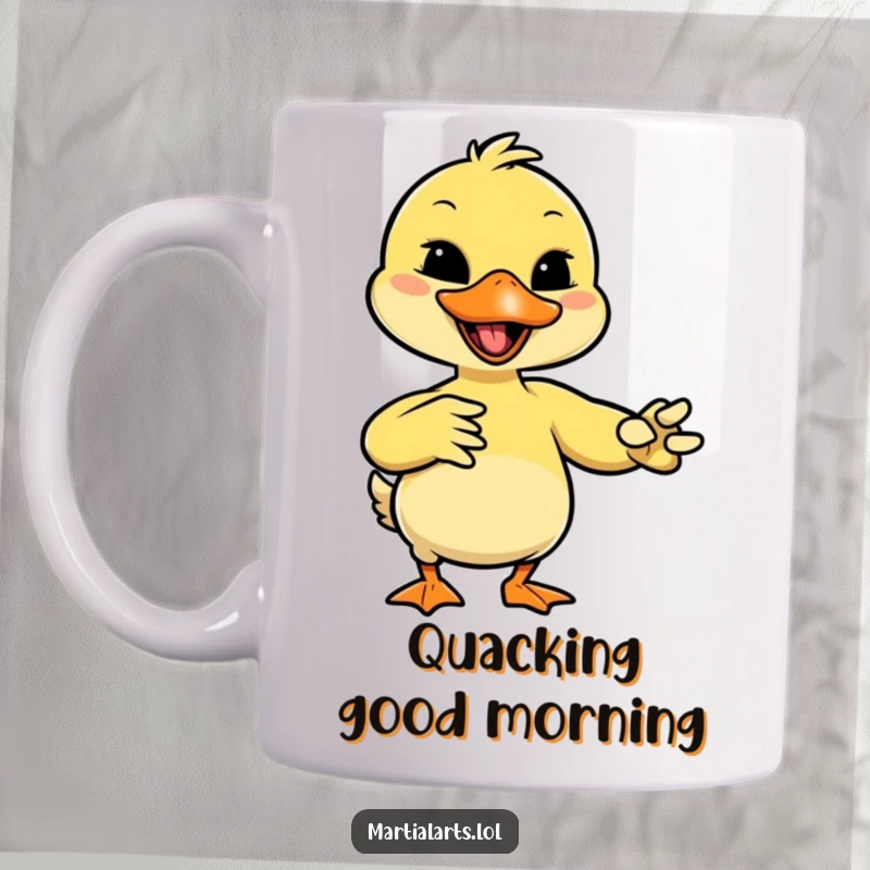 Funny giggling duck mimicking a martial arts move with its beak, depicted on this mug.