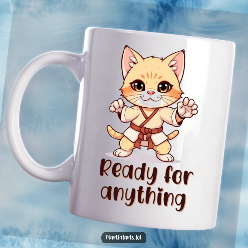 Funny curious kitten striking a martial arts pose on a mug, a focused and playful karate cat.