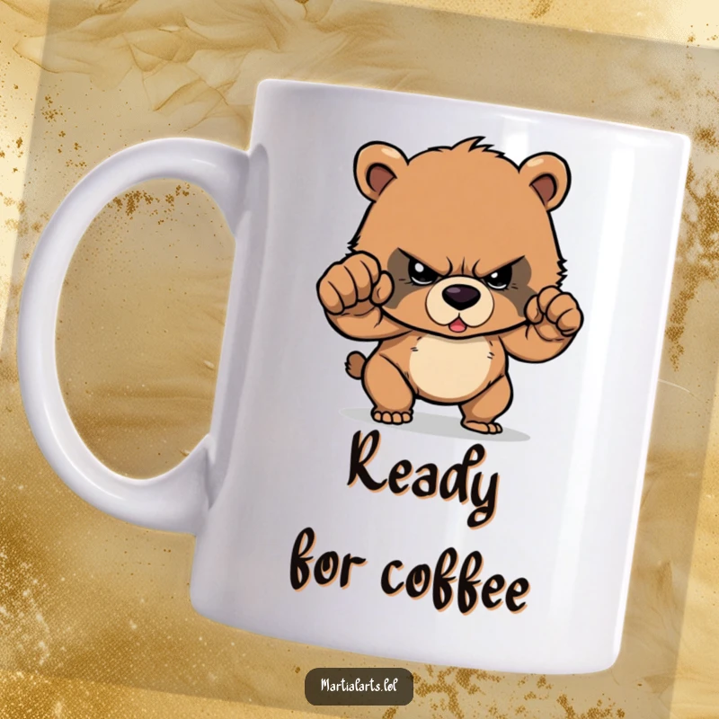 Funny Mug: A small bear cub with fierce determination focuses intensely while throwing a powerful, cartoonish punch.