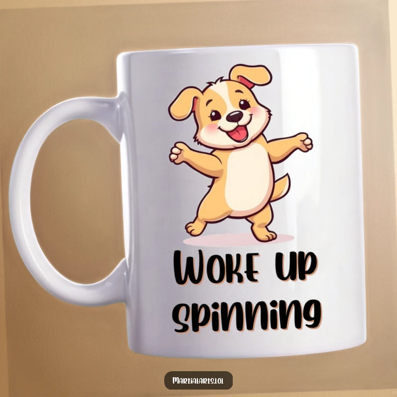 Funny mug featuring an energetic dog spinning playfully, capturing pure joy and movement for a delightful gift.
