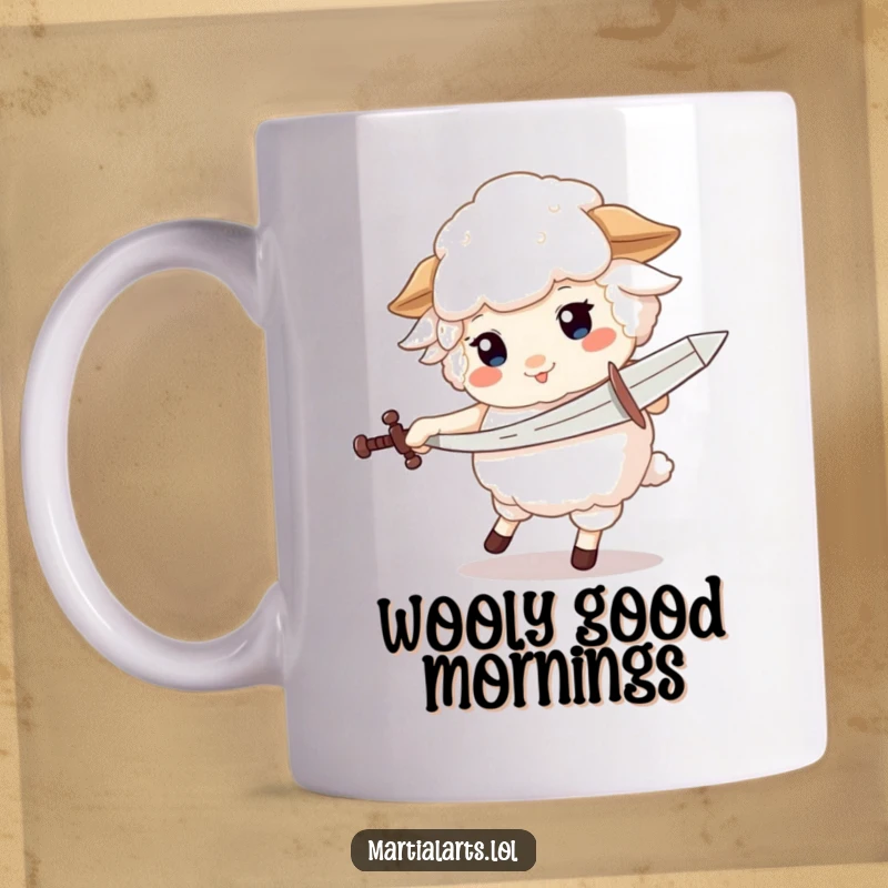Funny mug showing a fluffy sheep joyfully spinning around with a pretend sword, embodying playful adventure.