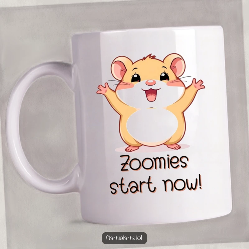 Funny hamster mug showing a tiny, happy creature in a wide, energetic stance, radiating pure joy and excitement.