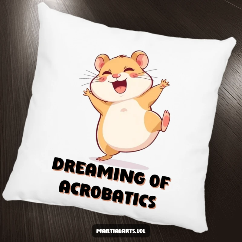 Funny Pillow: A fluffy, giggling hamster executes a comical spinning side kick, perfect for adding humor to any space.