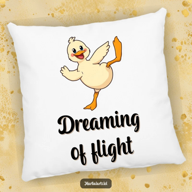 Funny Duck Pillow: A cheerful duck performing a dramatic flying kick, offering humorous comfort and playful decor.