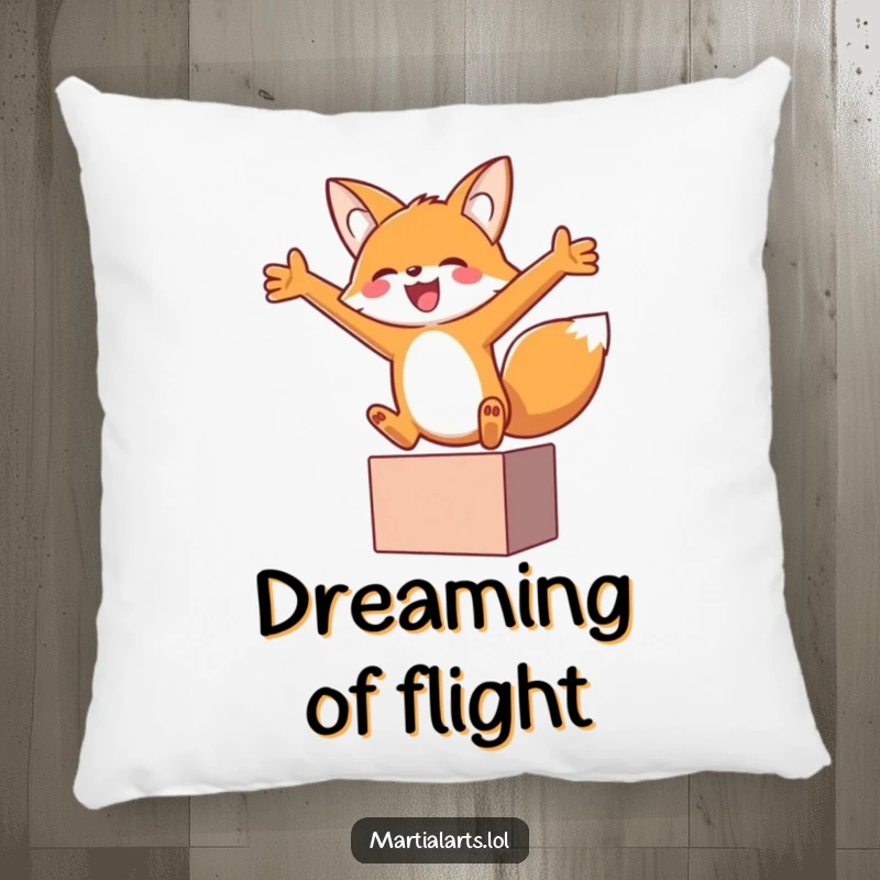 Funny fox in a full joyful leap, arms out in a block, creating a huggable and humorous pillow.