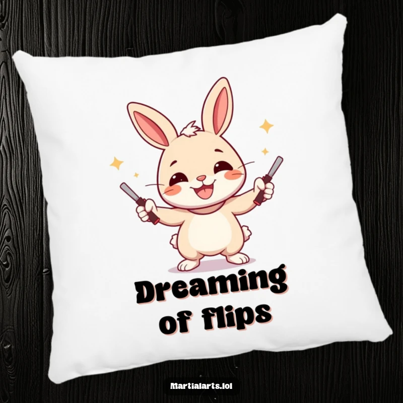 Funny Rabbit Pillow with a cheerful rabbit juggling nunchucks with a wide smile, offering comfort and humor.
