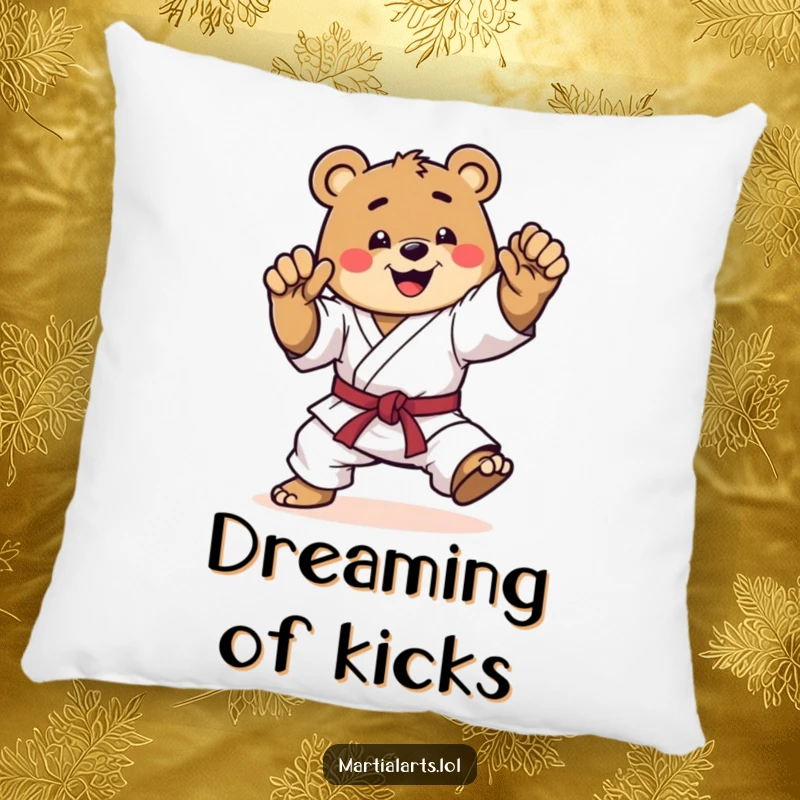 Funny karate bear pillow, a happy bear in a dynamic mid-kick, soft and cuddly, bringing martial arts humor to your home decor.
